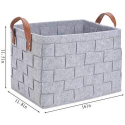 Collapsible Storage Basket Bins, Foldable Handmade Rectangular Felt Fabric Storage Boxes Cubes Containers with Handles- Large Organizer For Nursery Toys,Kids Room,Towels,Clothes, Grey （16