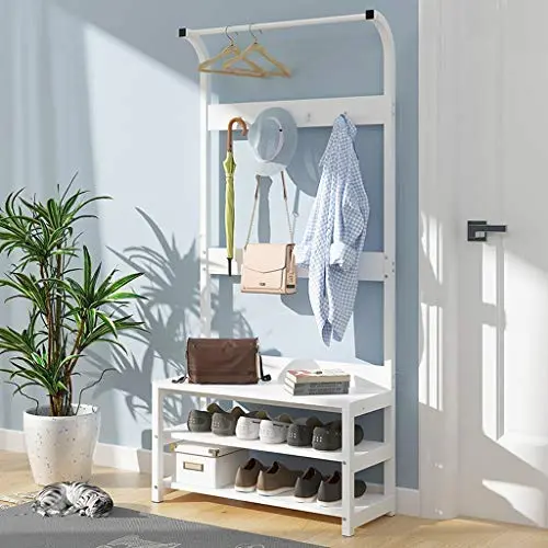 Freestanding Coat Rack, Shoe Bench, Clothes Rail,Wooden Modern Multi-Function Heavy-Duty Jacket,Clothes Storage Hanger with 4 Hooks,for Entryway Bedroom Office,White,Black Walnut Color,Wood Color Freestanding Coat Rack, Shoe Bench, Clothes Rail,Wooden Modern Multi-Function Heavy-Duty Jacket,Clothes Storage Hanger with 4 Hooks,for Entryway Bedroom Office,White,Black Walnut Color,Wood Color