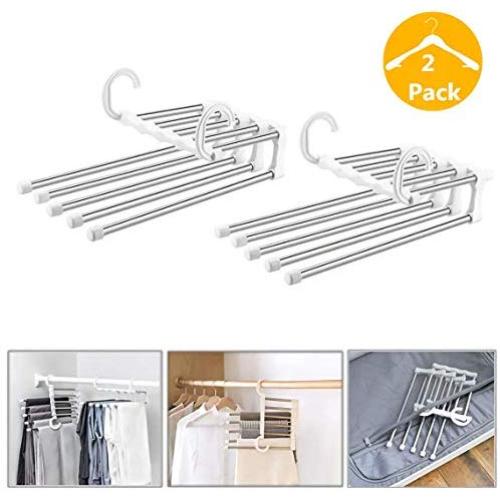 Uscharm Space-Saving Pants Rack, 5 in 1 Multi-Functional Pants Rack Foldable Trousers Pants Hanger Multi-Layer Closets Clothes Hangers Drying Rack Double Hooks (White/2 Pack)