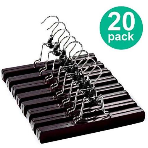 HOUSE DAY Wooden Pants Hangers with Clips 20 Pack Non Slip Skirt Hangers, Smooth Finish Solid Wood Jeans/Slack Hanger with 360° Swivel Hook - Pants Clip Hangers for Skirts, Slacks - Clamp Hangers