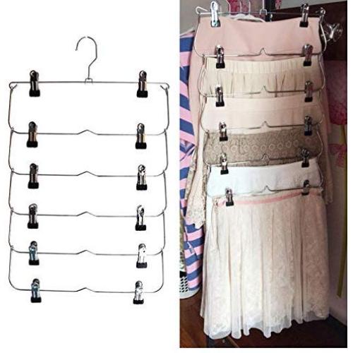 Clothes Hangers Multilayer Skirt Trouser Hanger for Pants Non Slip Metal Hanger Clips 2pcs Random Color with 12 Clips Clothing Storage Rack Holder