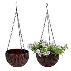 Hanging Flower Pot Balcony Brown Plastic Rattan Design Hanging Bowl Hanging Hanging Pile Bag 2 Planting Basketball-Shaped Hanging Basket Modern Decorative Hanger