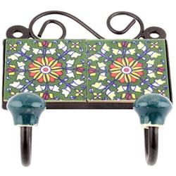 Indianshelf Handmade 1 Artistic Vintage Green Ceramic Flower Clothes Hooks Hangers/Key Hooks for Purse