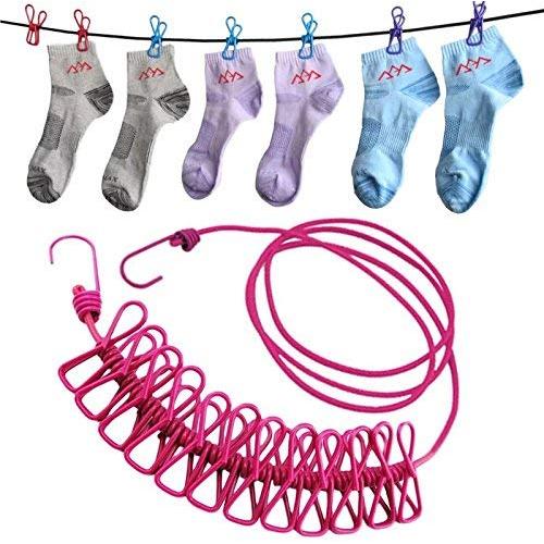 UrCool Portable Drying Washing Rope Clothesline Travel Home Style Outdoor Windproof Elastic Clothesline Hanger with 12 pcs Clips Hooks Clothes Pins Laundry Set