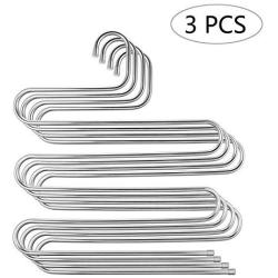 3 Pack Pants Hangers, S-Type Closet Organizer & Stainless Steel Multi Layers Magic Hanger, Space Saver Clothes Rack, Tiered Hanging Storage for Jeans, Scarf, Skirt - (14.17 x 14.96 Inch)