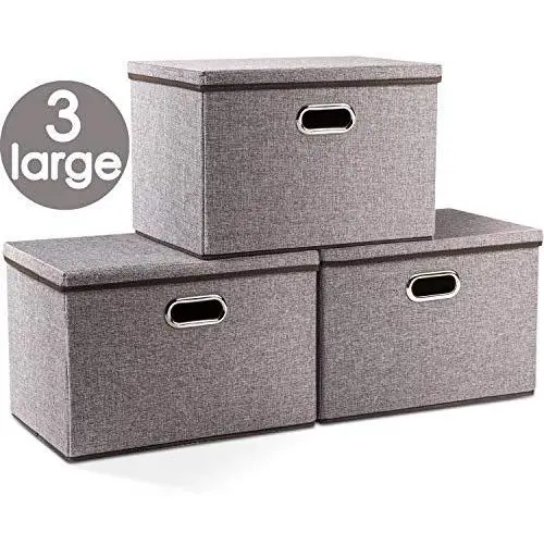 Prandom Large Collapsible Storage Bins with Lids [3-Pack] Linen Fabric Foldable Storage Boxes Organizer Containers Baskets Cube with Cover for Home Bedroom Closet Office Nursery (17.7x11.8x11.8)