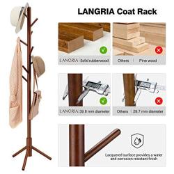 LANGRIA Rubber Wood Coat Rack Stand Hat Hanger Tree Holder, Clothes Organizer with Tripod Base for Hallway Entryway Room Home Office, for Jackets Hats Bags Umbrella (8 Hooks, Coffee Color)