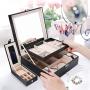 ProCase Jewelry Boxes Organizer for Women Girls, Two Layers Large Jewelry Display Storage Holder Case with Mirror Lock for Necklace Earrings Bracelets Rings Watches -Black