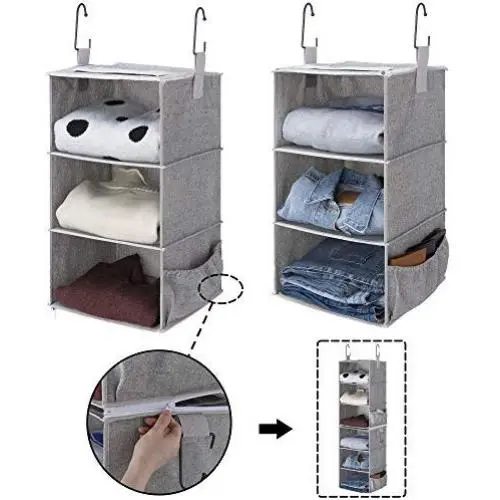 StorageWorks 2PCS Detachable 3-Shelf Hanging Closet Organizers, Collapsible Closet Hanging Shelves for Clothes and Shoes, Canvas, Gray, 12"x12"x21" StorageWorks 2PCS Detachable 3-Shelf Hanging Closet Organizers, Collapsible Closet Hanging Shelves for Clothes and Shoes, Canvas, Gray, 12"x12"x21"
