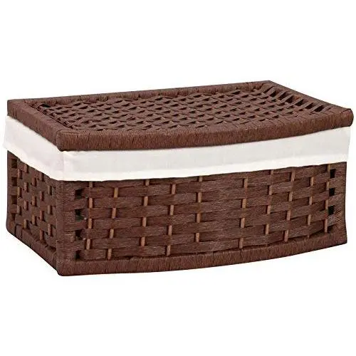 Household Essentials Hand-Woven Paper Rope Basket with Lid and Liner, Dark Brown Stain