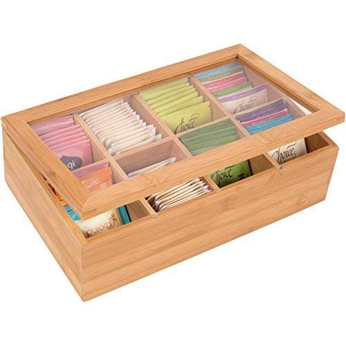 Trademark Innovations 12" Bamboo 8-Section Tea Storage Boxes with Hinged Clear Lid