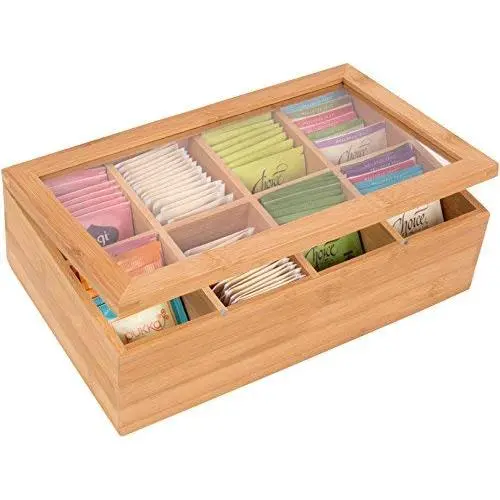 Trademark Innovations 12" Bamboo 8-Section Tea Storage Boxes with Hinged Clear Lid Trademark Innovations 12" Bamboo 8-Section Tea Storage Boxes with Hinged Clear Lid