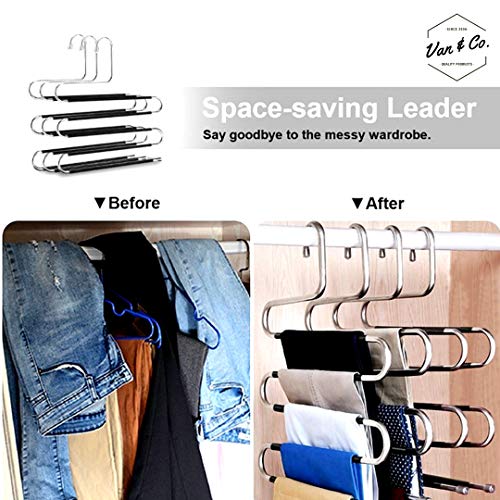 (6 Pack) Pants Hangers Non Slip S-Shaped 5 Layers Hangers, Closet Space Saver for Jeans Scarfs Ties and Other Clothes by Van & Co.