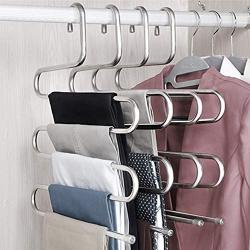 HKOrion Trousers Pants Clothes Hangers Closet Storage Organizer Stainless Steel Multipurpose for Jeans, Scarf, Ties, Legging S Shape Wardrobe Space Saver 5 Layers Hanger Pack of (1) Piece