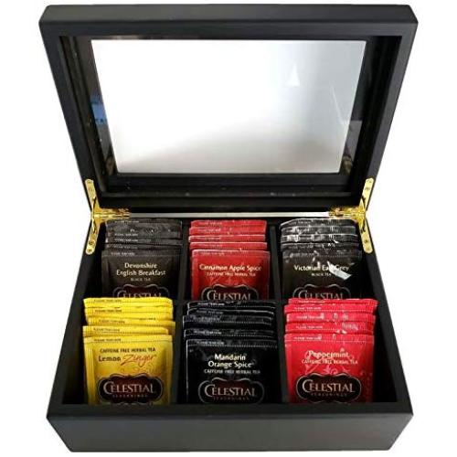 Wooden Tea Boxes Organizer Storage Chest - Matte Black With Removable Compartments