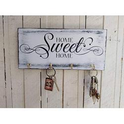 Home Sweet Home key hanger wall white wood key holder for wall shabby wood cottage chic housewarming gift key hook black and white organizer