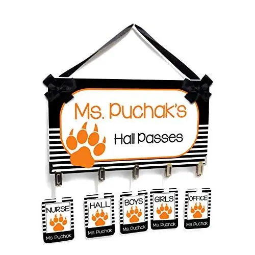 Classroom Decoration Hall Pass - White Stripes with Orange Tiger Paw - Passes and Hanger