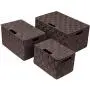 Sorbus Storage Boxes Woven Basket Bin Container Tote Cube Organizer Set Stackable Storage Basket Woven Strap Shelf Organizer Built-in Carry Handles (Lid Bins - 3 Pack, Chocolate)