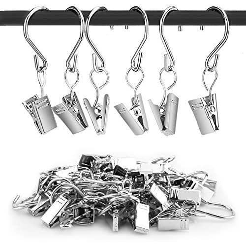 50pcs S Hooks Curtain Clips with Hooks Stainless Steel S Hooks Clip Lamp Hook Silver Metal Hanging Clips Hooks for Home Decoration, Outdoor Party Hanging Wire Holder Art Craft Display