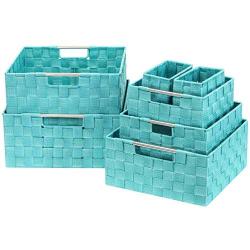 Sorbus Storage Boxes Woven Basket Bin Container Tote Cube Organizer Set Stackable Storage Basket Woven Strap Shelf Organizer Built-in Carry Handles (7 Piece - Aqua)