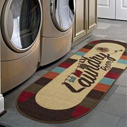 Laundry Room Runner Rug, Long Oval Mat for Washer and Dryer Area Non Slip Stain Resistant Nylon Durable Floor Mat, Brown Blue Red Clothes Hanger Design