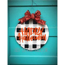 Happy Halloween Round Farmhouse wreath gingham plaid fall door hanger