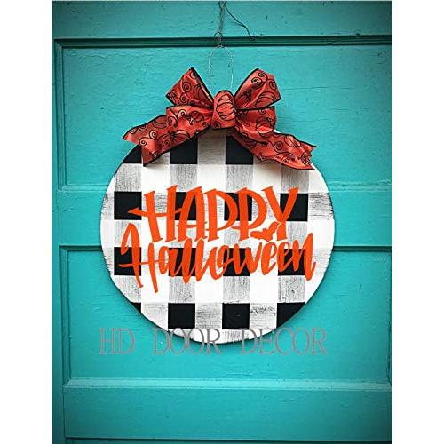 Happy Halloween Round Farmhouse wreath gingham plaid fall door hanger