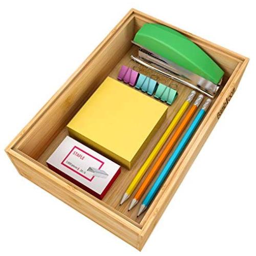 Drawer Organizer Bamboo Storage Boxes - for Kitchen Bathroom Office Desk Wooden Stackable Tray 9x6x2.5inch