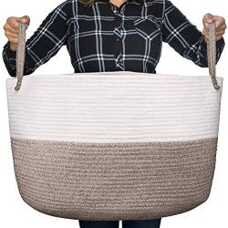 Luxury Little Nursery Storage Basket, Size XXXL :: 100% Cotton Rope Hamper with Handles :: Sturdy Baby Bin Organizer for Laundry, Toys, Blankets, Pillows & More, 22" x 22" x 14", White/Beige