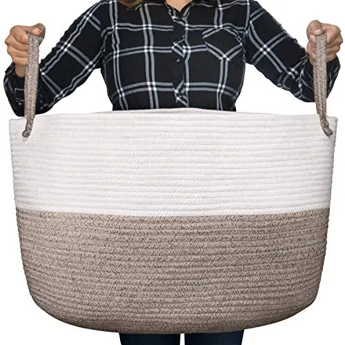 Luxury Little Nursery Storage Basket, Size XXXL :: 100% Cotton Rope Hamper with Handles :: Sturdy Baby Bin Organizer for Laundry, Toys, Blankets, Pillows & More, 22" x 22" x 14", White/Beige Luxury Little Nursery Storage Basket, Size XXXL :: 100% Cotton Rope Hamper with Handles :: Sturdy Baby Bin Organizer for Laundry, Toys, Blankets, Pillows & More, 22" x 22" x 14", White/Beige