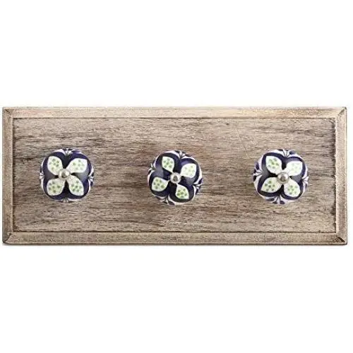 Indianshelf Handmade 1 Artistic Vintage Blue Wooden Flower Crackle Key Hooks Hangers/Wall Hooks for Coats