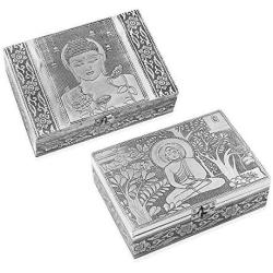 Set of 2 Aluminium Oxidized Buddha Embossed Travel Portable Trinket Jewelry Organizer Boxes Storage