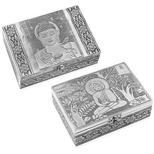 Set of 2 Aluminium Oxidized Buddha Embossed Travel Portable Trinket Jewelry Organizer Boxes Storage