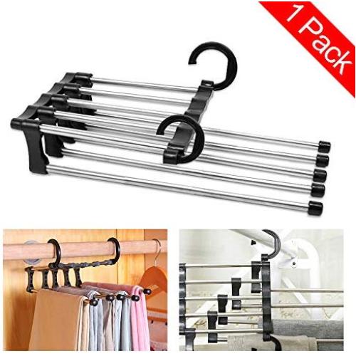 ECKOO 1 Pack 5-Layers Foldable Adjustable Pants Hangers,Hanger Space Saver for Pants Trousers Scarf Tie Belt,5 in 1 Multi-Layer Stainless Steel Pants Rack for Wardrobe,Home Storage and Organizer-Black ECKOO 1 Pack 5-Layers Foldable Adjustable Pants Hangers,Hanger Space Saver for Pants Trousers Scarf Tie Belt,5 in 1 Multi-Layer Stainless Steel Pants Rack for Wardrobe,Home Storage and Organizer-Black