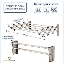 Smartsome Fold Away Clothes Rack: Stainless Steel Wall Mounted Laundry Drying Rack - 8 Rods, 22 Feet Capacity- Easy to Install Space Saver Design - 60 lb Capacity- Indoor and Outdoor Use