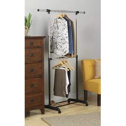 Whitmor Adjustable 2-Rod Garment Rack - Rolling Clothes Organizer - Black and Chrome