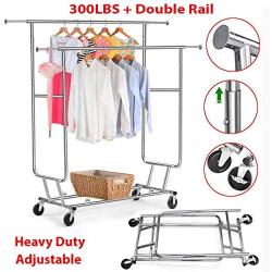 300 Lbs Heavy Duty - Adjustable Rolling Clothing Garment Rack Commercial Grade Steel Extendable Hanger Drying Organizer Chrome Finish Storage Shelf With Wheels Suitable Bedroom, Balcony, Yard Or Shopp