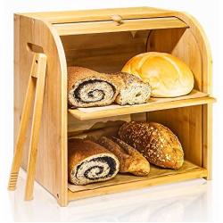 Bamboo Bread Box, Finew 2 Layer Rolltop Bread Bin for Kitchen, Large Capacity Wooden Bread Storage Holder, Countertop Bread Keeper with Toaster Tong, 15” X 9.8” X 14.5”, Self Assembly