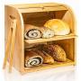 Bamboo Bread Box, Finew 2 Layer Rolltop Bread Bin for Kitchen, Large Capacity Wooden Bread Storage Holder, Countertop Bread Keeper with Toaster Tong, 15” X 9.8” X 14.5”, Self Assembly