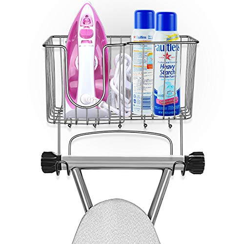 SPACEREST Detachable Metal Wall Mounted Ironing Board Holder with Large Storage Basket & 5 Hanging Hooks for Laundry Rooms-Iron, Board, Spray Bottles Rack- Chrome