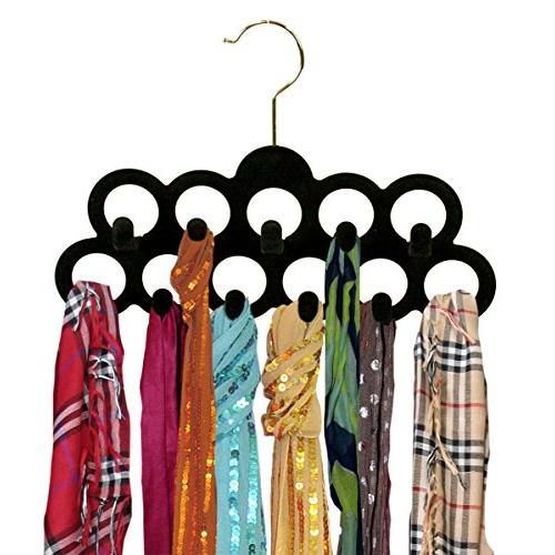 Black Velvet Scarf Necktie Closet Hanger 11 Rings With Hooks 3-Pack