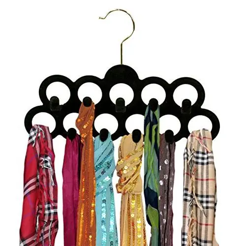 Black Velvet Scarf Necktie Closet Hanger 11 Rings With Hooks 3-Pack
