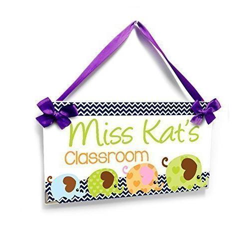 Personalized Door Hanger for Classroom Blue Chevron with Cute Colorful Elephants