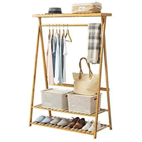 COPREE Bamboo Garment Coat Clothes Hanging Heavy Duty Rack with top Shelf and 2-Tier Shoe Clothing Storage Organizer Shelves