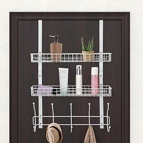 Over The Door Hook 2 Baskets & 5 Hooks Steel Storage Shelf Decorative for Office Home, Storage Organizer Rack for Coat Towel, Jewelry (White) Over The Door Hook 2 Baskets & 5 Hooks Steel Storage Shelf Decorative for Office Home, Storage Organizer Rack for Coat Towel, Jewelry (White)