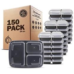 Freshware Meal Prep Containers [150 Pack] 3 Compartment with Lids, Food Storage Containers, Bento Boxes | BPA Free | Stackable | Microwave/Dishwasher/Freezer Safe, Portion Control, 21 Day Fix (24 oz)