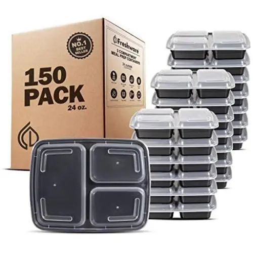 Freshware Meal Prep Containers [150 Pack] 3 Compartment with Lids, Food Storage Containers, Bento Boxes | BPA Free | Stackable | Microwave/Dishwasher/Freezer Safe, Portion Control, 21 Day Fix (24 oz)