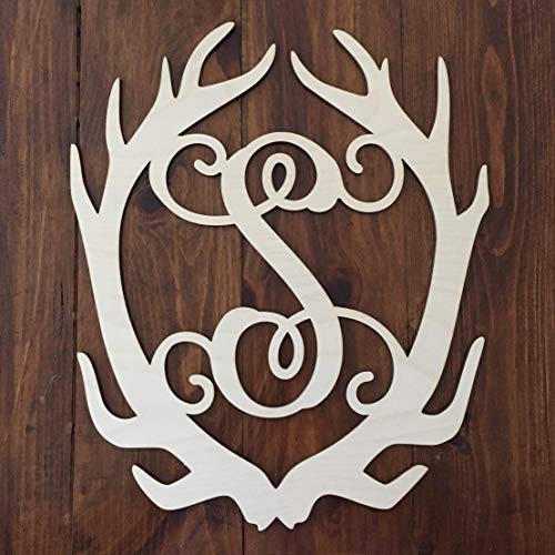 Unfinished Monogram Antler Door Hanger - Rustic Country Door Hanger - Antler Wreath - Deer Monogram Door Hanger - Country Antler Monogram