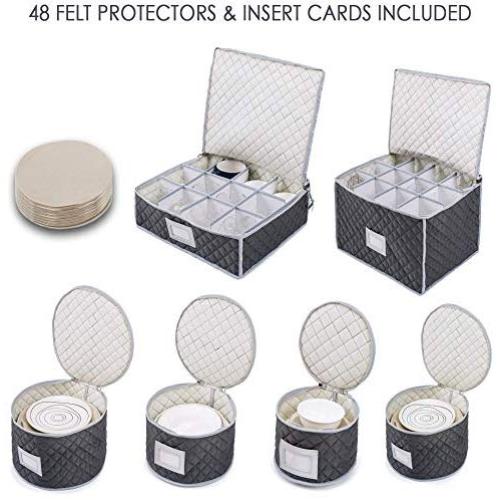 Complete Dinnerware Storage Set #1 Best Protection for Storing or Transporting Fine China Dishes Coffee Tea Cups Wine Glasses Includes 48 Felt Protectors for Plates