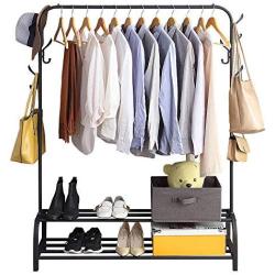 Clothing Garment Rack with Shelves, Metal Cloth Hanger Rack Stand Clothes Drying Rack for Hanging Clothes,with Top Rod Organizer Shirt Towel Rack and Lower Storage Shelf for Boxes Shoes Boots, Black